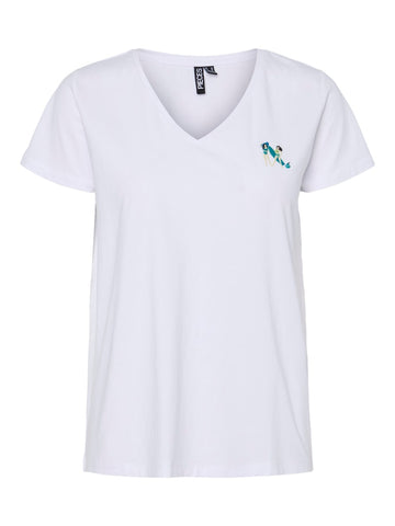 Bright White SURFBOARD EMB T-shirts - Pctilly Ss V-Neck Emb T-Shirt van Pieces