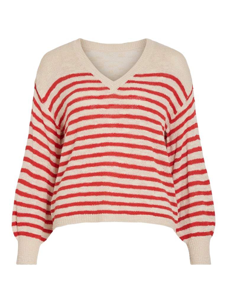 Birch Red Pulls - Vipoca Rev V-Neck L/S Stripe Knit Top van Vila