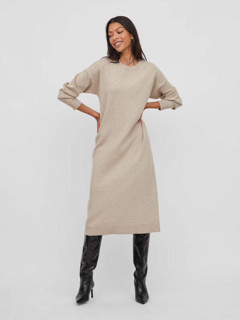 Natural Melange Jurken - Violivie O-Neck L/S Knit Midi Dress van Vila